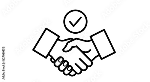 Vector art of a simple line art icon depicting a handshake with a checkmark in a circle above, symbolizing agreement and successful business dealings