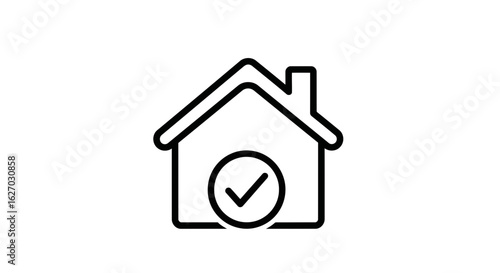 Vector art of a simple black outline icon of a house with a checkmark inside a circle, symbolizing approval or verification of a property