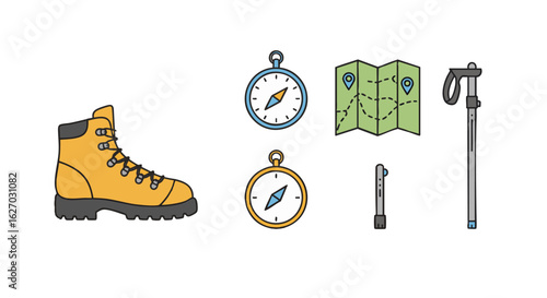 Adventure Essentials Hiking Boot, Compasses, Map, and Trekking Pole for Outdoor Exploration