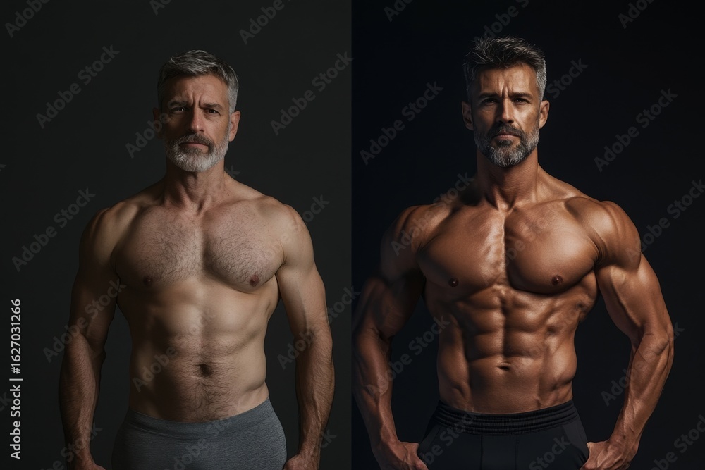 Fototapeta premium Mature caucasian male bodybuilding transformation with defined muscles