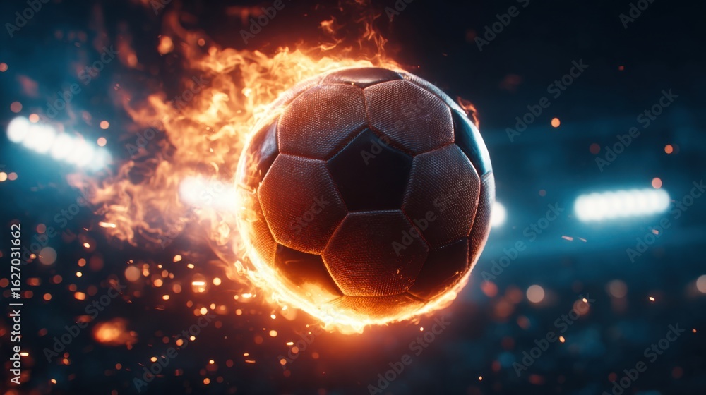 Fototapeta premium A flaming soccer ball zooms through a stadium, showcasing intense energy and action for sports advertising.