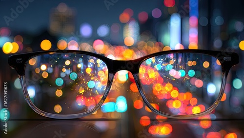 Night city lights reflected in eyeglasses