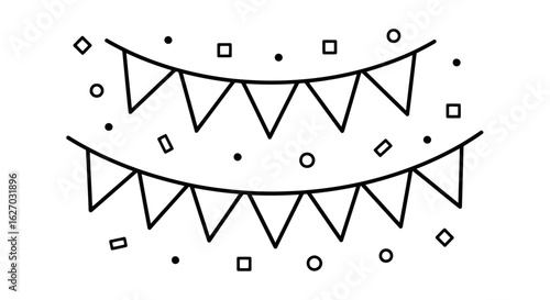Vector art of a festive line art illustration of two strings of triangular bunting flags with scattered confetti, dots, and circles