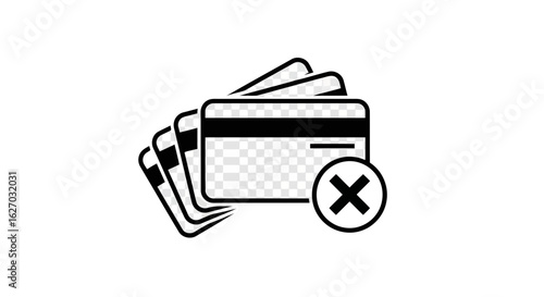 Vector art of a stack of credit cards with a red cross symbol indicating a declined or rejected payment