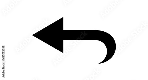 Vector art of a bold black arrow curves to the left, isolated on a clean white background, representing direction and return