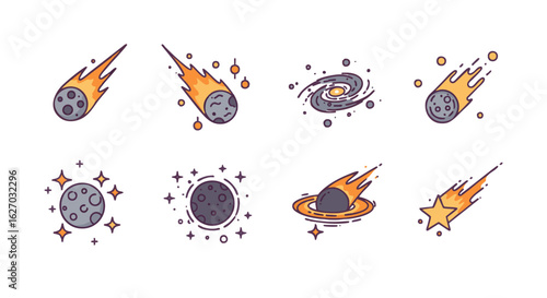Space objects and celestial bodies icon set. Colorful cartoon vector illustrations of comets, moon, and galaxy for design.