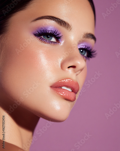 Model with lavender eye makeup and glossy lips
