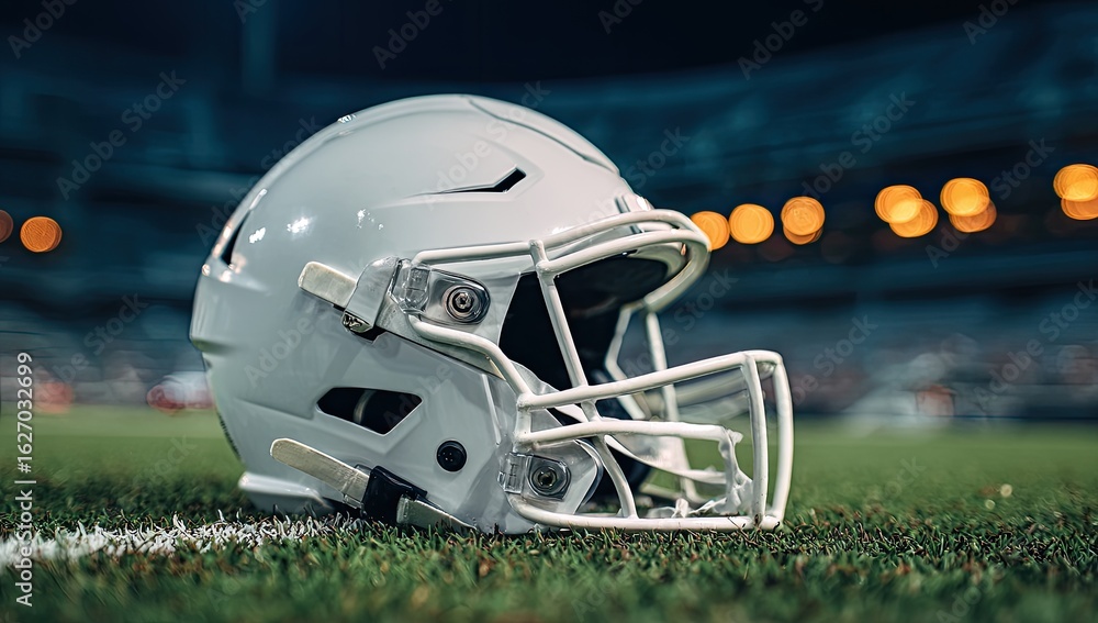 Fototapeta premium White football helmet on a grassy field at night