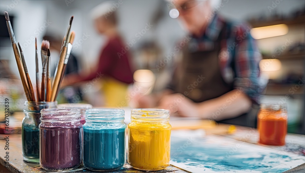 Fototapeta premium Paint jars and brushes in an art studio
