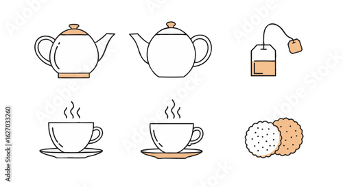 Stylish outline icons for a serene tea time, showcasing teapots, hot beverage cups, a tea bag, and sweet biscuits, perfect for minimalist design projects