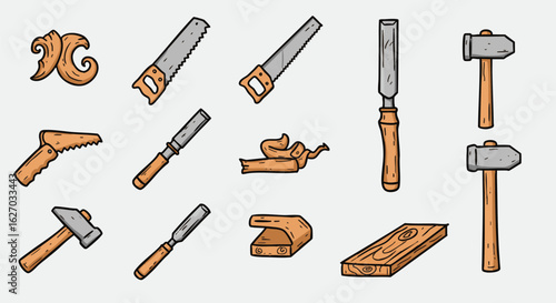 Collection of Hand-Drawn Carpentry Tools Saws, Hammers, Chisels, and More for Crafts