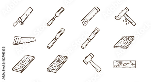 A Collection of Woodworking Tools Hand Saws, Chisels, and Hammers for Carpentry