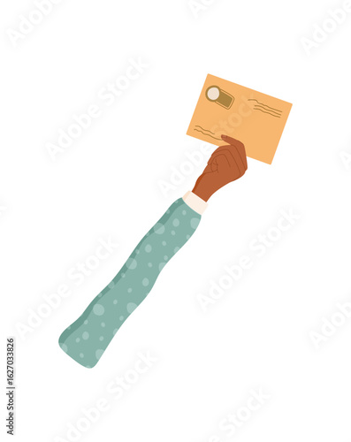 Cartoon hand holding feedback mail. Isolated hand grasping an envelope for review and customer opinion. Communication symbol for message exchange and survey purposes in a modern context.