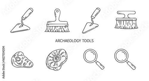 Archaeology Tools Outline Trowels, Brushes, Fossils and Magnifying Glasses in Line Art