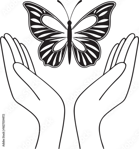 Gentle hands cupping a monarch butterfly