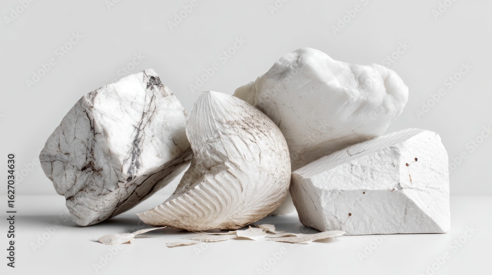 Obraz premium White textured rocks and seashells arranged on surface for natural mineral product branding photography composition background
