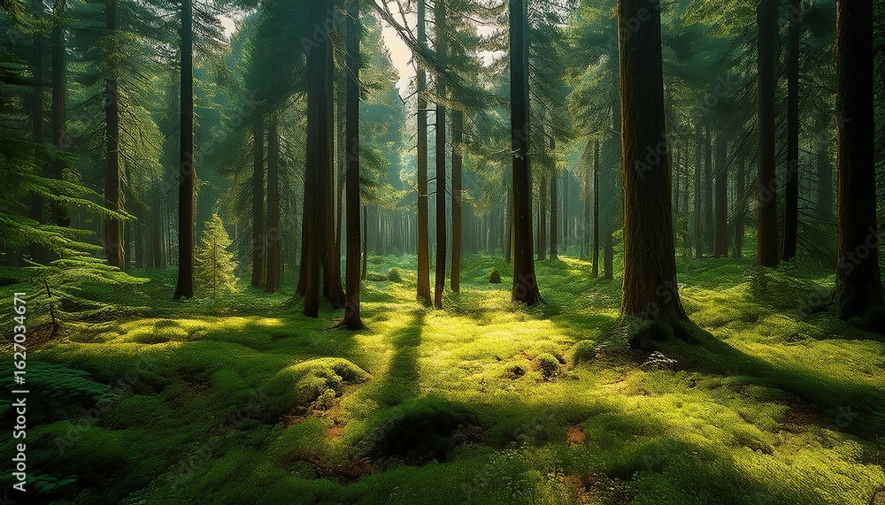 Obraz premium a dense forest of tall green pine trees with a mix of evergreen and deciduous trees with a mix of sunlight and shadows creating a vibrant and lush green forest floor