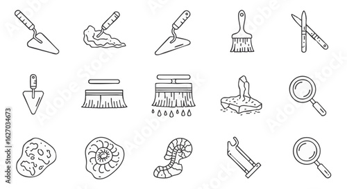 Archaeology Icons Trowels, Brushes, Fossils, and Magnifying Glasses for Exploration and Discovery