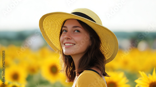 Woman in sun hat walking through sunflower field