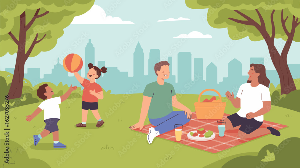 Fototapeta premium Clean and modern vector family picnic in the park vector illustration summer outdoor activity