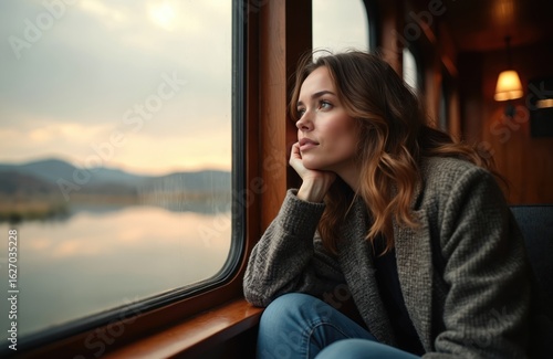 Free Download Young woman rests head on hand, looking out window in deep contemplation. Brown hair, grey jacket, blue jeans. Peaceful moment, introspective mood, relaxed setting. Possible travel on train or boat. - GFXLoad