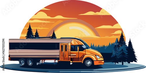 An orange semi-truck transports goods under a sunset sky, depicting a scene of travel and industry