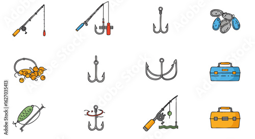 A collection of colorful fishing equipment icons, including rods, hooks, and tackle boxes, presented as a vector illustration set on a white background