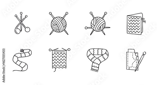 Set of minimalist line art icons for knitting and sewing, featuring yarn, needles, and handmade scarves