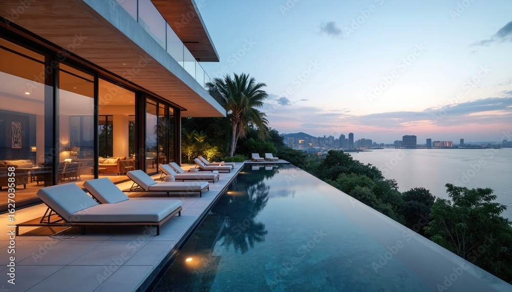 Fototapeta premium Modern luxury villa with infinity pool at sunset offers panoramic city views, rich plants. Outdoor living space features contemporary design with elegant lounging furniture, creating serene vacation