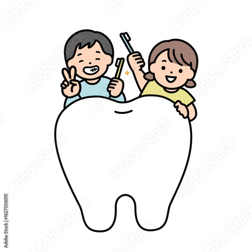 健康な歯と子供たち　シンプルでお洒落な線画イラスト