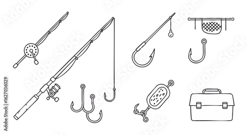 Outline drawing of various fishing equipment, including rods, reels, hooks, and a tackle box.