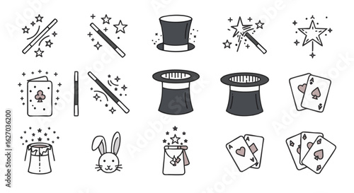 Collection of simple line art magic icons, including wands, hats, cards, rabbits, and disappearing acts.