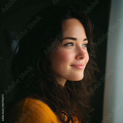Woman smiling softly looking out window with introspective mood