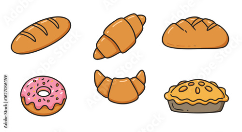 Bakery Assortment Freshly Baked Bread, Croissants, Donut, and Pie