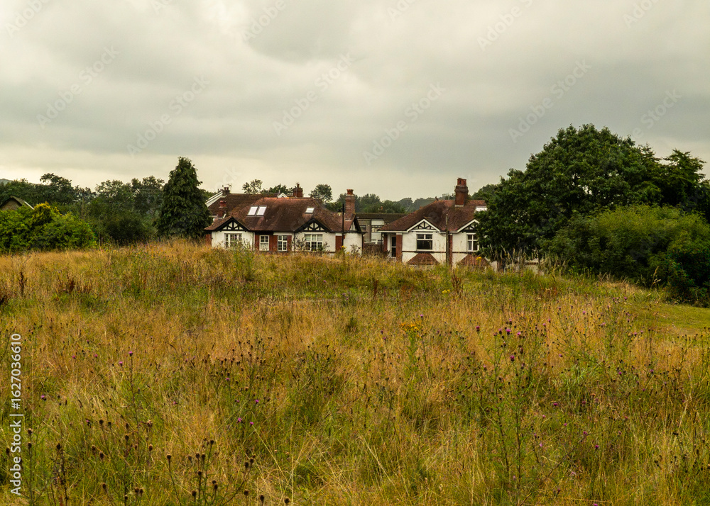 Obraz premium A house in a field of tall grass under a cloudy sky.