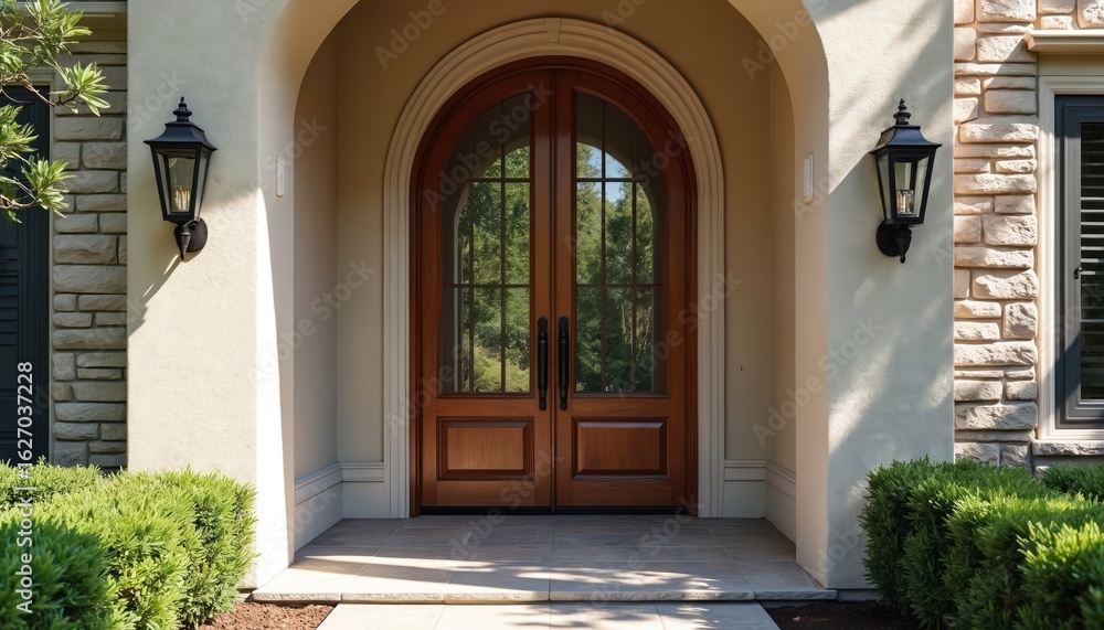Fototapeta premium Elegant double entry doors crafted from warm wood, clear glass offer sophisticated architectural statement. Featuring mix of wood, glass panels, doors provide welcoming, stylish entrance to luxurious