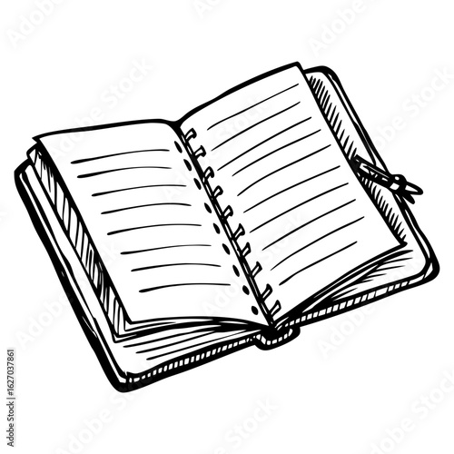 Open Notebook Sketch: A meticulously crafted sketch showcasing an open notebook, its pages blank and ready for the genesis of ideas, plans, and creative endeavors.