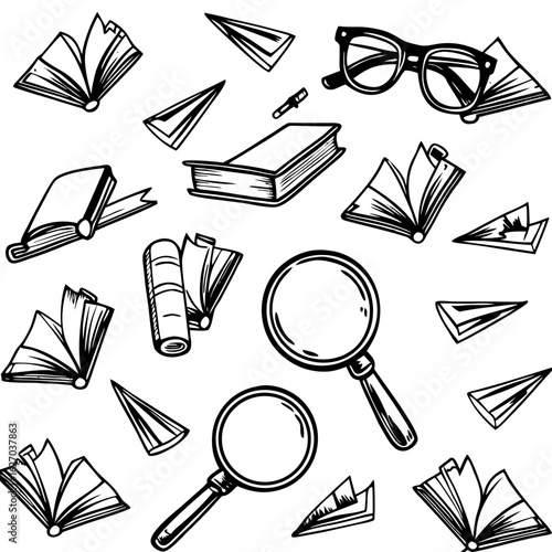 Education and Discovery: A meticulously rendered illustrative composition features essential elements of academic exploration – books, magnifying glasses, and paper airplanes.