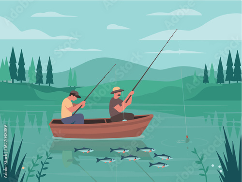 Clean and modern vector  illustration of fishing trip on the lake with fishermen in boat catching fish outdoor activity recreation 100