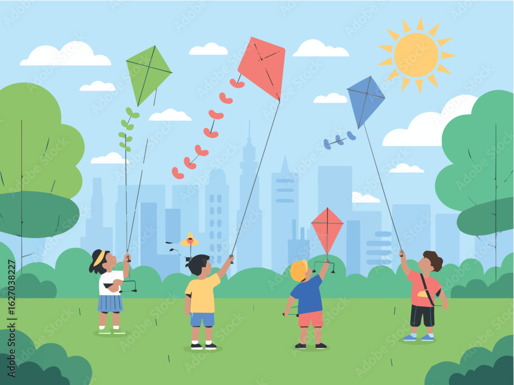 Naklejka premium Clean and modern vector children flying kites in the park vector illustration for summer outdoor activity and fun childhood 100