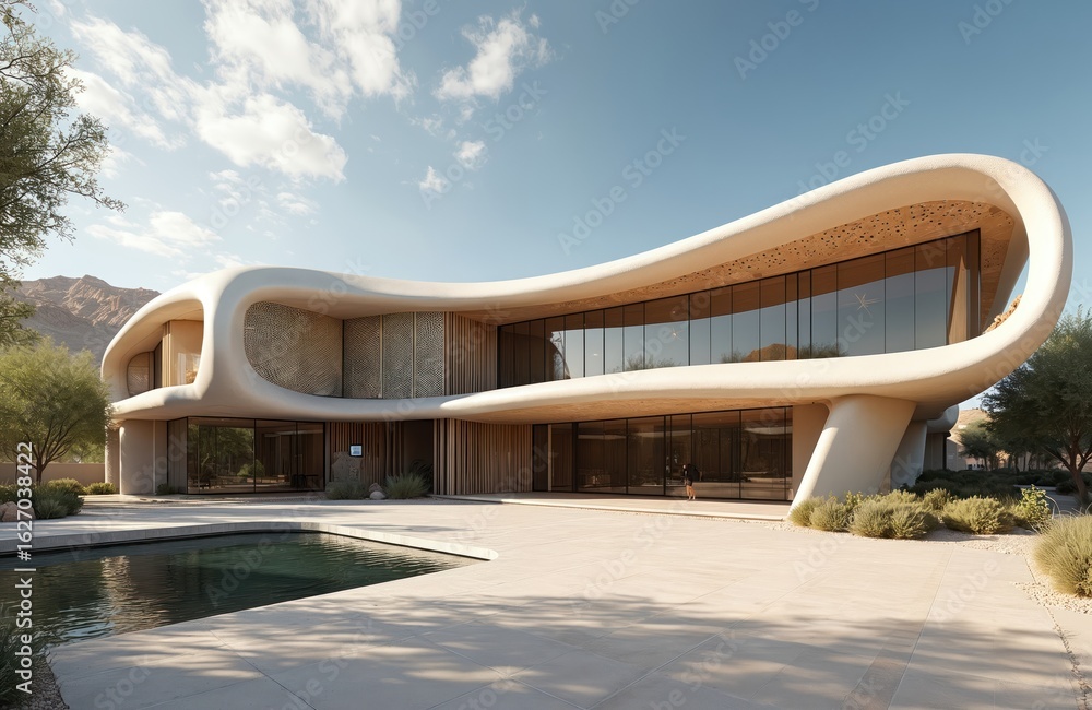 Fototapeta premium Modern desert campus features futuristic architecture with smooth, curved facades, expansive glass windows. Structure blends contemporary design with natural landscape, innovation in building