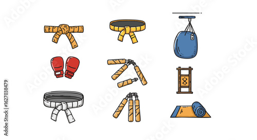A collection of colorful flat line icons representing various martial arts and combat sports training equipment and accessories set 253