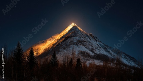 Night mountain peak, glowing summit, snowy