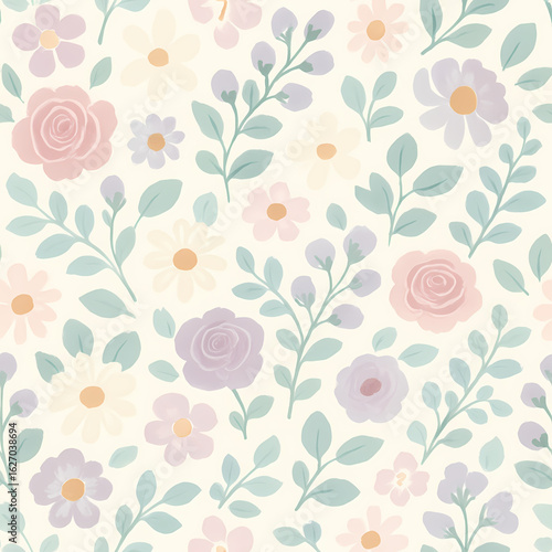 Wallpaper Mural A charming seamless floral pattern with various pastel pink, purple, and cream flowers alongside soft green leaves, creating a gentle botanical background. Torontodigital.ca