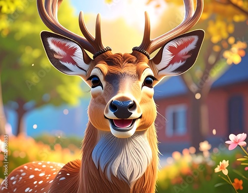 Smiling deer in autumnal garden