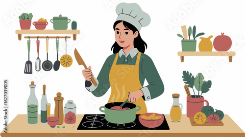 Clean and modern vector  woman chef cooking food in kitchen illustration vector art for culinary design and recipe blog 100 character