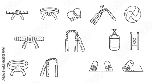 Comprehensive collection of line art icons depicting essential martial arts and fitness training equipment, perfect for sports, gym, and combat-related design projects
