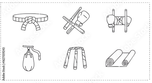 Martial arts and combat sports equipment line icon set. A collection of vector illustrations including belt, gloves, punching bag, and training gear.