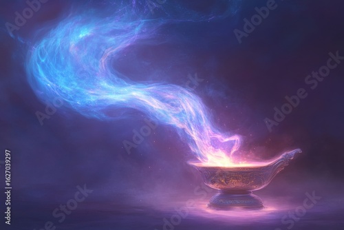 Enchanted djinn emergence from magical lamp in mystical fantasy scene