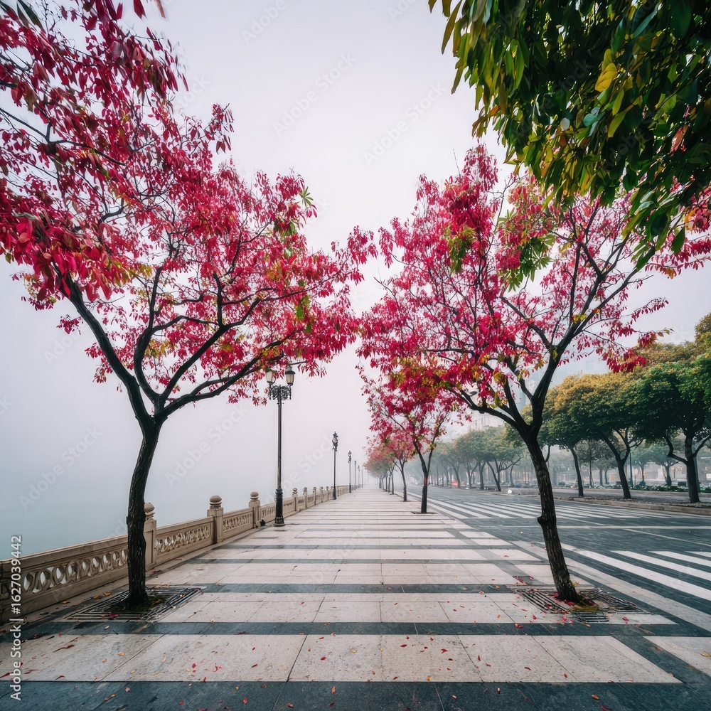 Naklejka premium Pink blossoms line a misty walkway